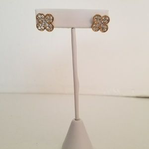 Gold plated earrings, pave crystal stones clover.